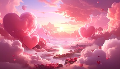 A dreamy scene of a sunset sky filled with heart-shaped clouds over a tranquil valley and river with a soft, romantic glow