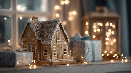 Decorative gingerbread house with white icing details surrounded by wrapped gifts and warm bokeh lights for festive holiday celebration