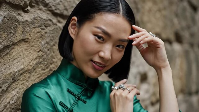 Asian woman in green cheongsam smiling.