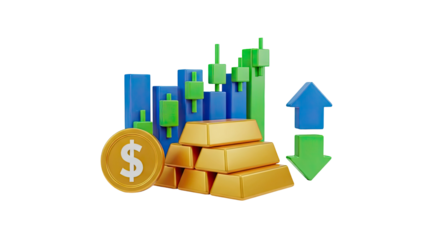 3D Gold Bars Coin and Financial Stock Market Growth Chart on transparent background