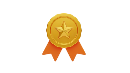 3D Gold medal with star and orange ribbons on transparent background