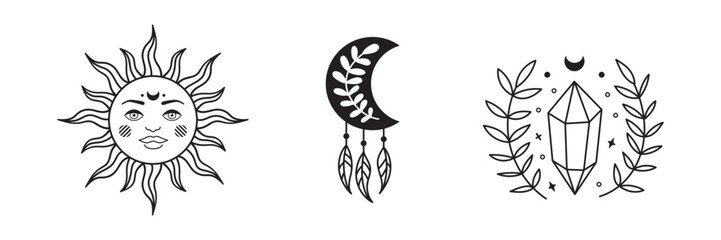 Mystical moon, crystal and sun celestial set. Vintage esoteric vector illustration featuring boho line art, astrology symbols, and retro tarot design elements.