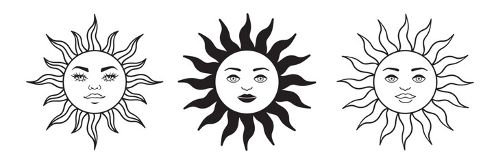 Vintage celestial sun with mystic face design. Hand-drawn boho line art icon for astrology, tarot, esoteric symbolism, and bohemian tattoo illustrations with retro appeal.