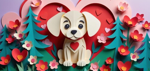 Fototapeta premium Cute paper craft dog sits surrounded by colorful paper flowers green trees and red hearts against a vibrant background