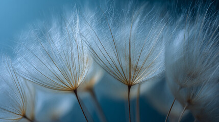 Delicate dandelion seeds with fine, wispy filaments and soft textures against a blurred background