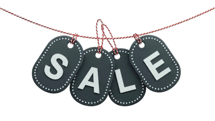 3D Sale tags hanging on a string on transparent background