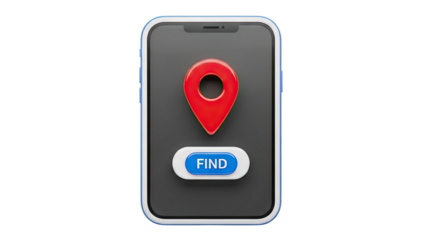 3D Smartphone with map pin and FIND button on transparent background