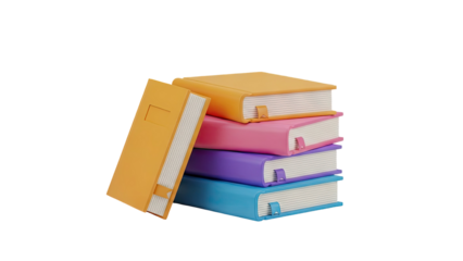 3D Stack of colorful books with bookmarks on transparent background