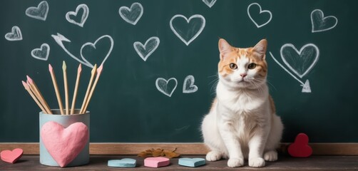 White and orange cat sitting on a wooden desk with a pencil holder a green chalkboard background with white chalk hearts