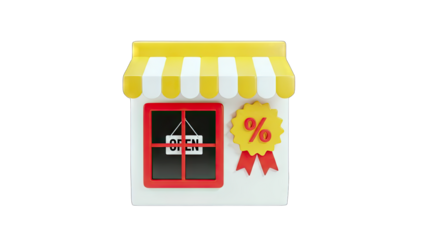 3D Store Front with Open Sign and Discount Badge on transparent background