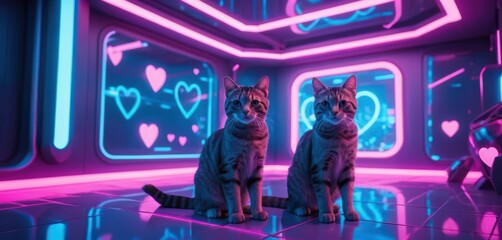 Two tabby cats sitting in a vibrant futuristic room illuminated by glowing pink and blue neon lights with heart shapes
