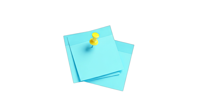 3D Stack of blue sticky notes with yellow push pin on transparent background - Powered by Adobe