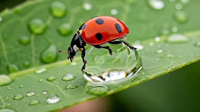 Ladybug on water drop, green leaf, nature background, close-up, stock photo