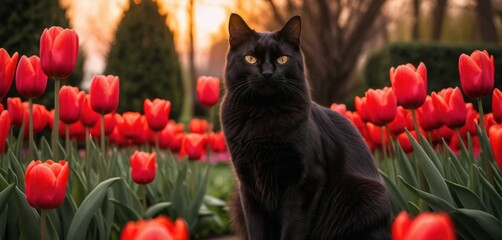 A sleek black cat with piercing yellow eyes sits among bright red tulips Golden hour light illuminates the garden