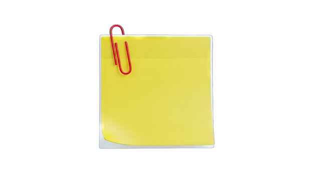 3D Yellow Sticky Note with Red Paperclip on transparent background