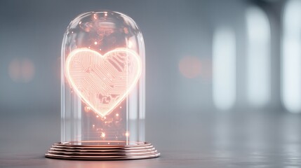 valentine future Illuminated heart in a glass dome against a soft background.