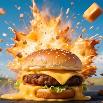 4k high quality Ai generative HD photo realistic background wallpaper food fried explode explosive flame beef chili hot mustard cheese hamburger burger cheeseburger patty sky
