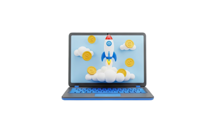 3D Laptop displaying a rocket launch with clouds and coins on transparent background