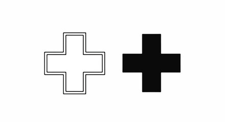 Obraz premium Two plus sign symbols, one outlined and one filled, on a white background, in a simple graphic design.