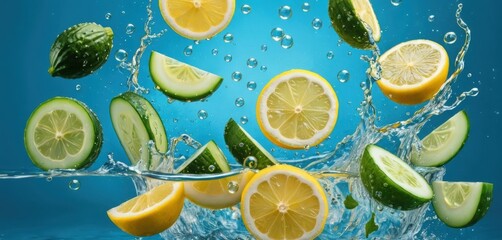 Fresh yellow lemon slices and green cucumber pieces splash dynamically into clear water with rising bubbles