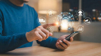 Entrepreneur,using,smartphone,to,manage,global,business,icons,of,logistics,delivery,e-commerce,and,cloud,computing,connected,to,digital,world,symbolizing,mobile,enterprise,efficiency