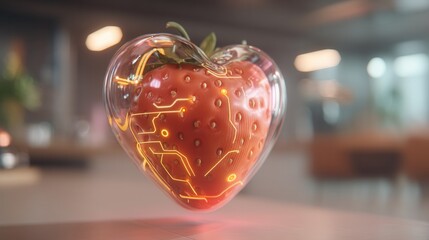 valentine future Futuristic strawberry with circuit design in a heart shape.