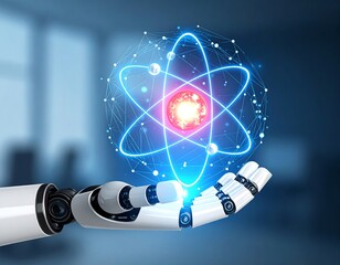 A robotic arm extends, cradling a glowing, animated atom model with electrons orbiting a central nucleus, set against a blurred background