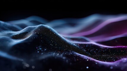Abstract Blurred Digital Landscape with Blue Purple Gradient Dots and Wave Pattern On Black Background