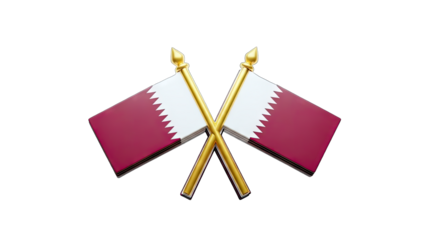 3D Two Crossed Qatar Flags with Golden Poles on transparent background
