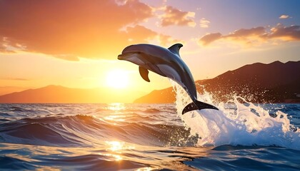 A dolphin leaps joyfully from ocean waves against a vibrant backdrop of a sunset over mountainous coastline