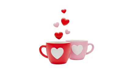 3D Two Mugs with Hearts and Floating Hearts on transparent background