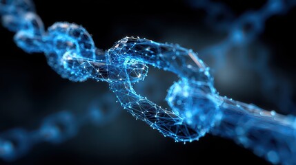 Abstract Digital Representation of Interconnected Chain Links in Blue Glowing Light Against Black Background