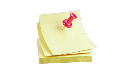 3D Yellow sticky notes held by a red pushpin on transparent background