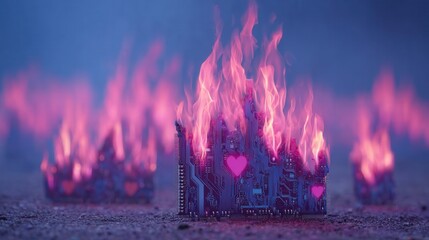 valentine future Burning cityscape with glowing hearts among vibrant flames.