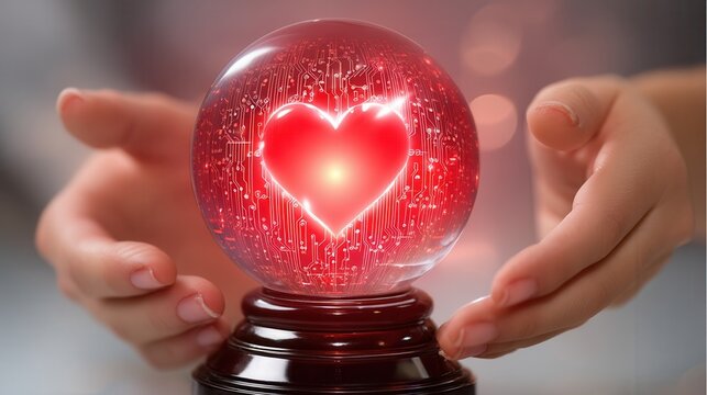 valentine future Crystal ball with heart symbol held by hands, symbolizing love and technology.