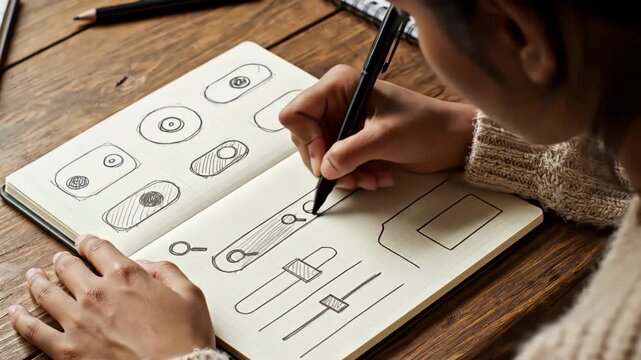 Overhead view of person sketching UI UX interface design elements in a notebook on a wooden desk