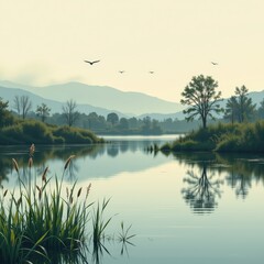 A square environmental poster style composition featuring a peaceful wetland landscape with calm ref