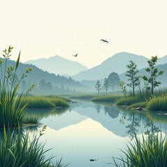 A square environmental poster style composition featuring a peaceful wetland landscape with calm ref