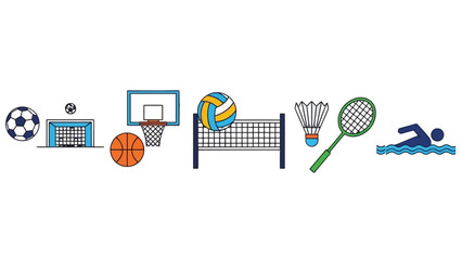 Assorted sport equipment icons, including soccer goal, basketball hoop, volleyball net, badminton racket, and swimmer, on isolated white background. © Khansa505