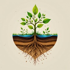 A square eco themed visual showing the layered relationship between soil roots water and vegetation