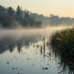 A square cinematic wetlands morning scene with cool mist rising above still water