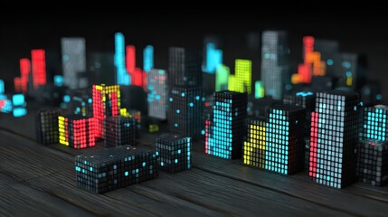 Abstract Pixelated Cityscape With Illuminated Windows Against Black Background