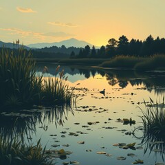 A square poetic wetlands scene with a quiet reflective pond surrounded by reeds and aquatic plants