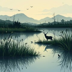 A square modern conservation visual where subtle wildlife silhouettes appear gently within wetland g