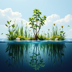 A square poster style composition depicting wetlands as a climate buffer with still water surfaces a