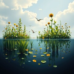 A square poster style composition depicting wetlands as a climate buffer with still water surfaces a