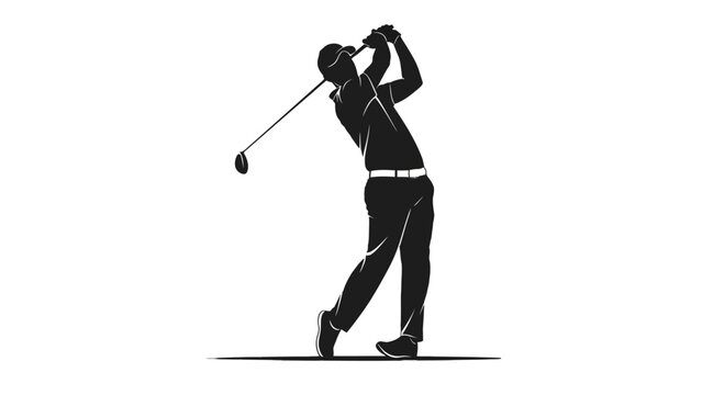 Male golfer silhouette swinging club on isolated white background, focused and active.