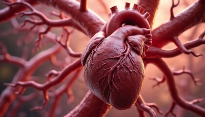 Artistic 3D rendering of human heart concept with stylized branching vessels, symbol of life and health.
