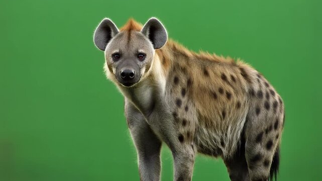 Spotted hyena standing against a green background.