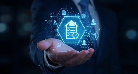 Businessman holding digital technology icons.